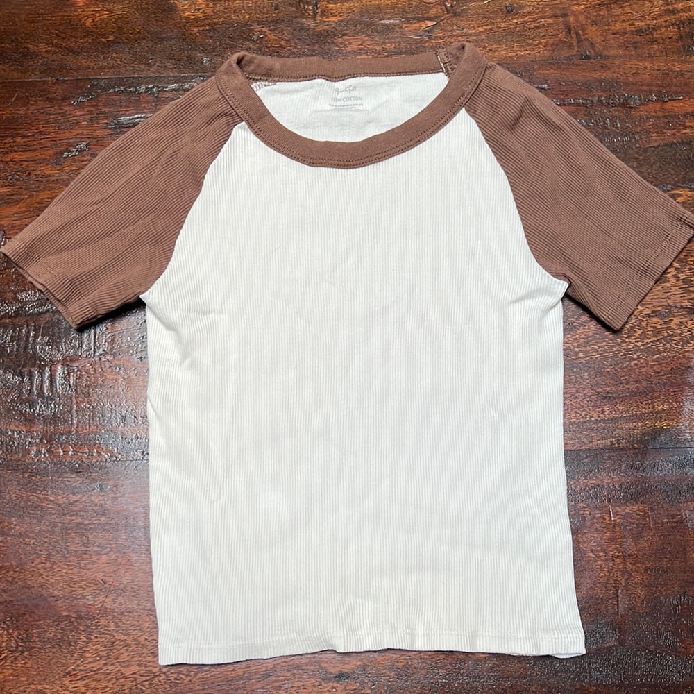 John Galt Brown and Cream Ribbed Baseball Tee Cropped OS